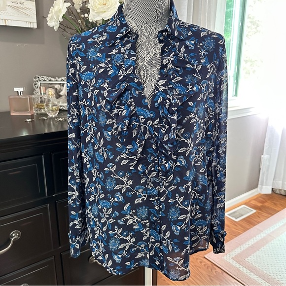 MICHAEL Michael Kors Navy Floral Ruffle Button Blouse Size Medium - Picture 2 of 16